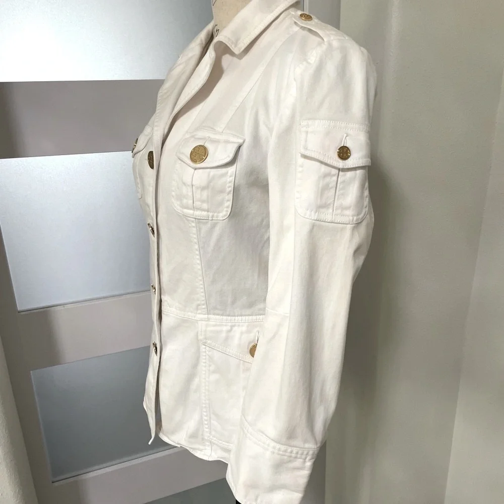 Tory Burch White Military Safari Utility Jacket Gold Buttons Size 8 🤍✨